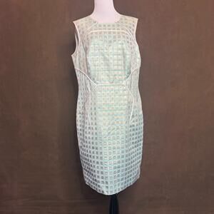 Per Se by Carlisle Metallic Aqua Sheath Dress NWT $625 Size 12 Modern Luxury